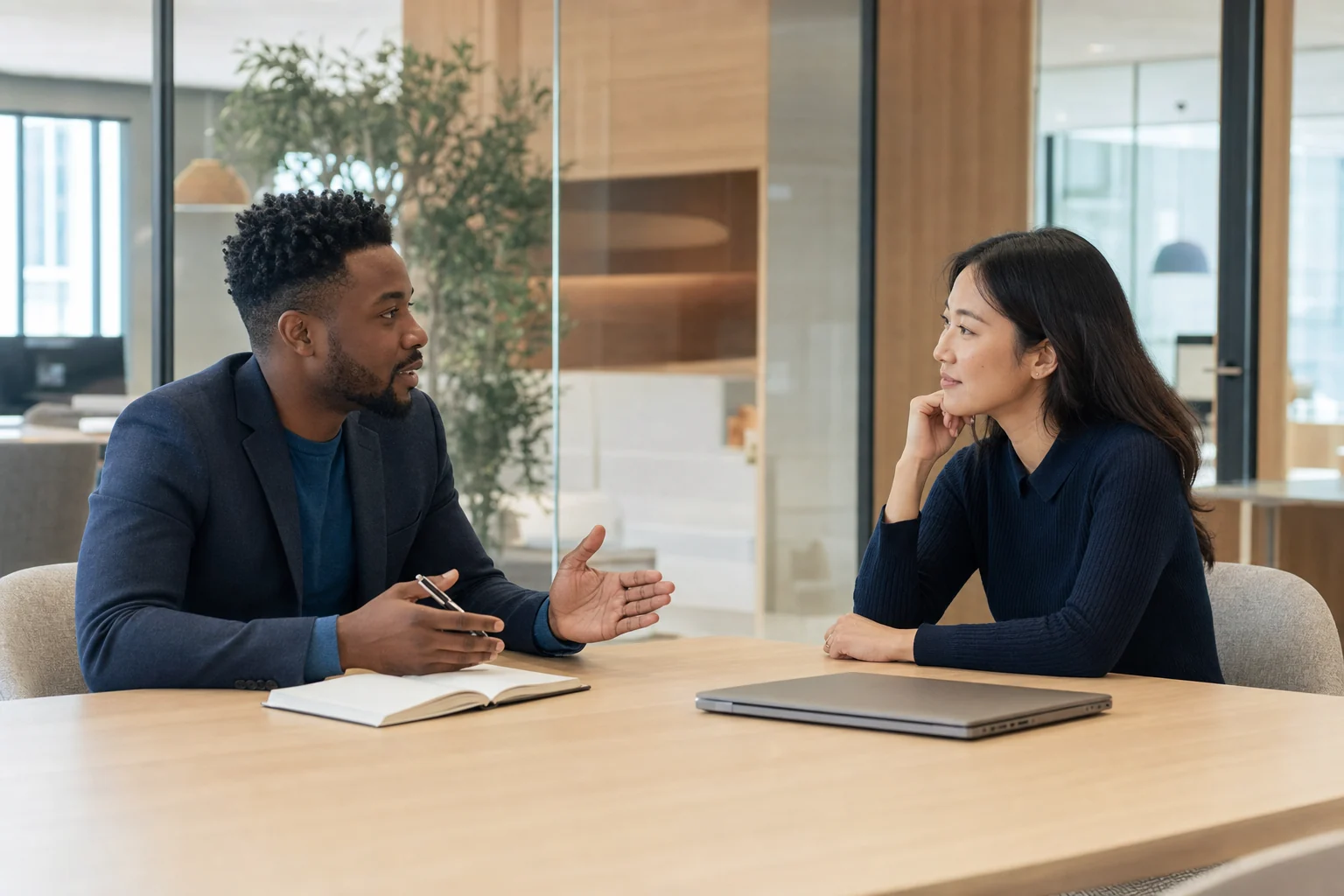 Two professionals having a calm consultation in a bright meeting room
