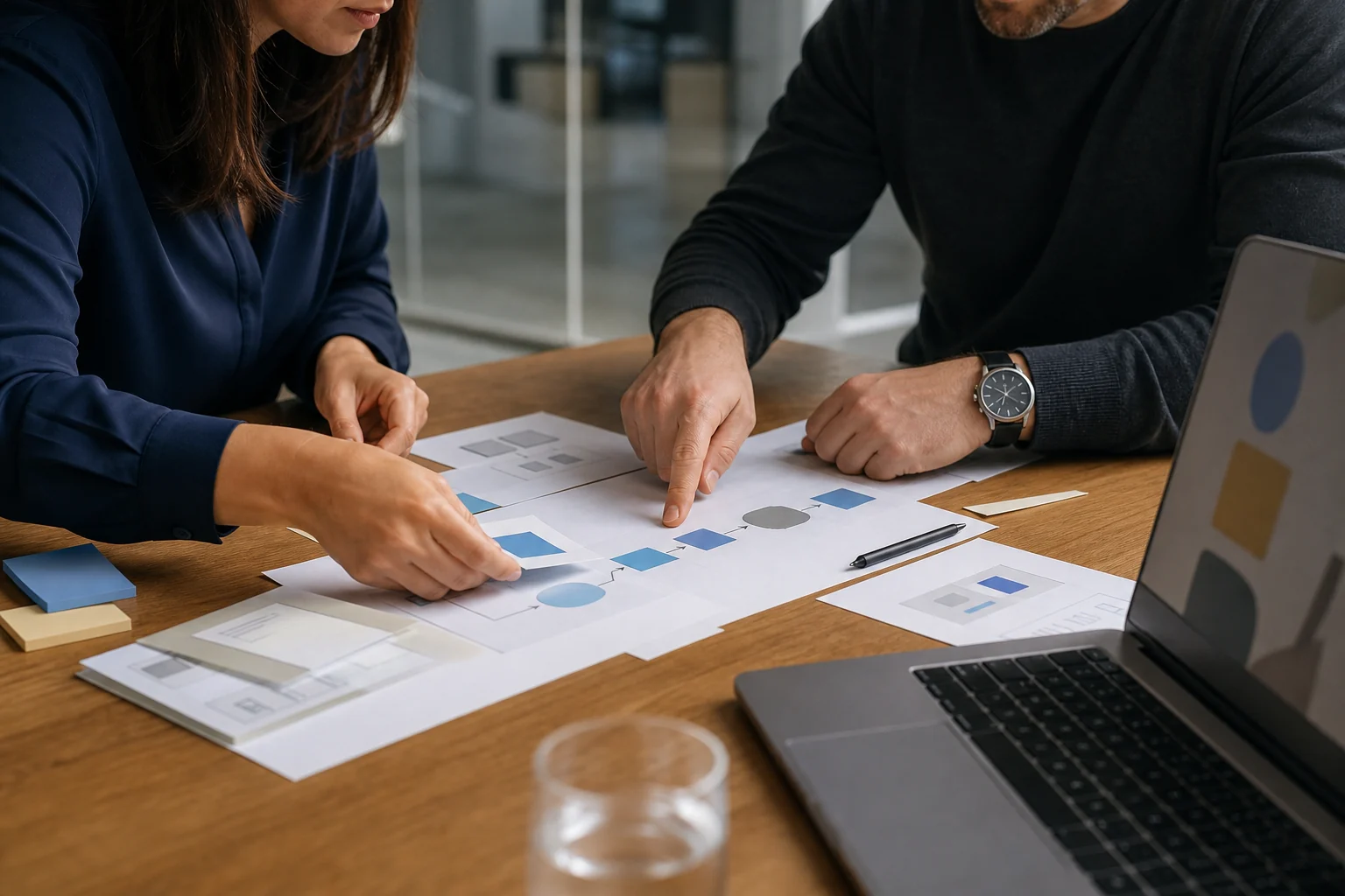 Professionals mapping a business workflow with printed notes and a laptop